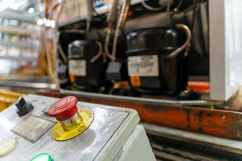 Emergency Stop installed at line conveyor in refrigerator manufacturing plant Фото