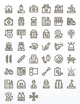 Emergency Vector Icon Collection featuring 45 Editable 64x64 Bold Line Design Stock Illustration