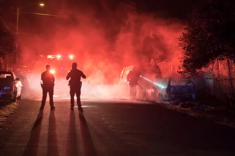 Emergency workers respond to fire Stock Photos