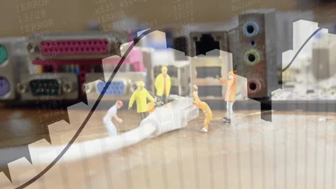 Emerging 3D technician figurines guiding data cable into motherboard port, Video stock 310665802
