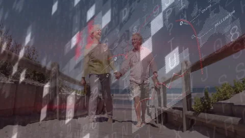 Emerging from beach access, senior couple walking boardwalk, tech data graphs Stock Footage 310153803