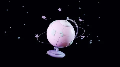 Emerging from black frame pastel pink globe rotating on purple pedestal in Stock Footage 339194126