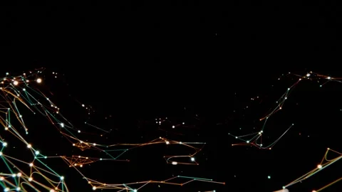 Emerging from black void glowing node-edge mesh forming rolling data hills, with 스톡 동영상 337141197