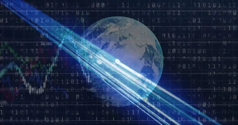 Emerging blue beam sweeping over 3D Earth with scrolling binary digits Video stock 310298409
