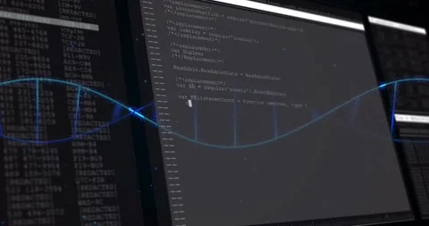 Emerging blue particle streams forming helix undulating across monitors, 스톡 동영상 330172940