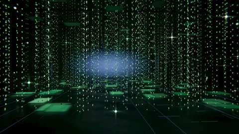 Emerging bluish glow, green strands pulsing on virtual stage over glowing Stock Footage 341903514