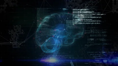 Emerging brain rotating, nodes linking code panels and arrows converging Stock Footage 311901820
