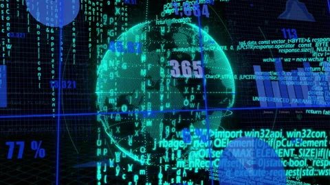 Emerging from code stream, digital globe rotating while charts updating to Stock Footage 312500464