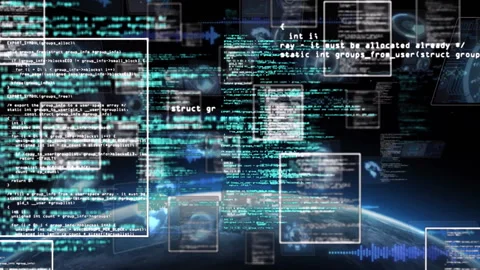 Emerging code windows initiating data visualizing, sliding and overlapping over Stock Footage 311140264