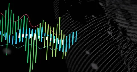 Emerging data bars moving toward center, adding lines, rotating globe, showing Stock Footage 310438306