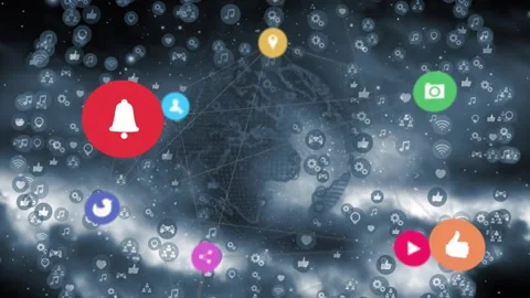 Emerging from digital void, 3D globe driving icon orbiting, linking, visualizing Stock Footage 326423255