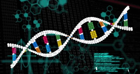 Emerging DNA helix rotating drifting and zooming amid code streams, emphasizing Stock Footage 310429712