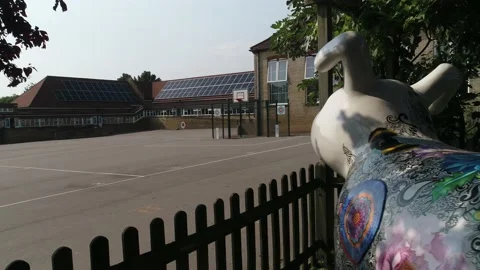 Emerging Dog Statue to Eco-Friendly Primary School Stock Footage 158557902