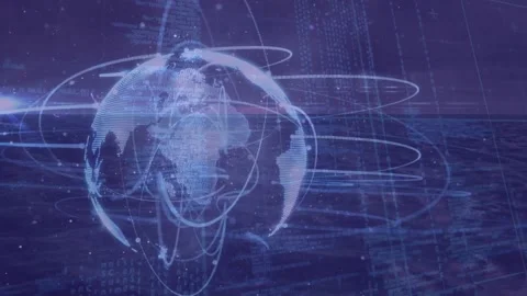 Emerging Earth globe rotating triggers network arcs forming rings showing global Stock Footage 317660423