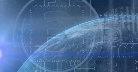 Emerging Earth showing circuit overlay in space, emitting blue-white lens flare Stock Illustration