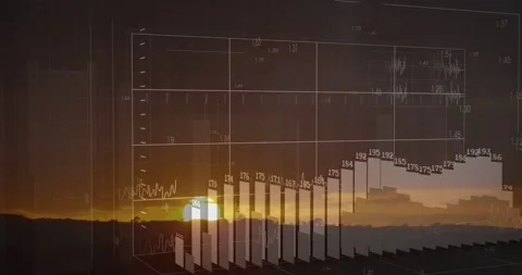 Emerging faint 3D chart rising over horizon as sun nearing skyline, bars Stock Footage 334034788