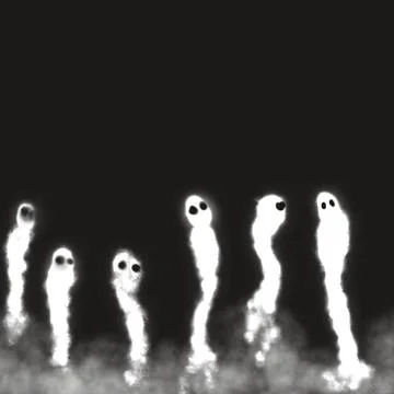 Emerging Ghosts from Dark Mist – Spooky White Spirits Illustration Stock-Illustration
