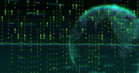 Emerging globe in code field, with binary digits, numeric overlays and light 스톡 사진