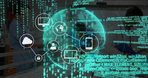 Emerging globe linking cloud lock user avatar data device chat home icons Stock Footage 310385464