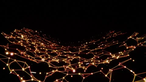 Emerging golden nodes forming expanding mesh plane across 3D void, pulsing, Video stock 337141192