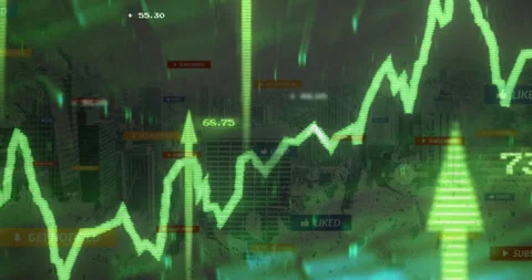 Emerging green line chart rising and falling over city skyline, marking data Stockbeeldmateriaal 311031932
