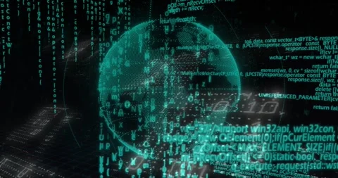 Emerging holographic globe rotating while streaming code and forming rings Stock Footage 317858485