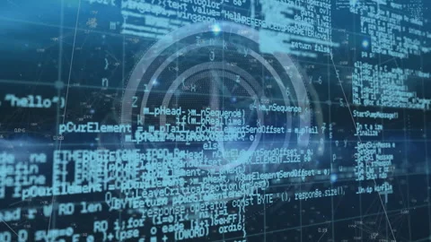 Emerging HUD initiating clockwise rotating concentric code rings, visualizing Stock Footage 311679129