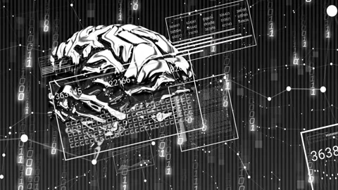 Emerging HUD panels initiating analysis while chrome brain floating, rotating, Stock Footage 328233993