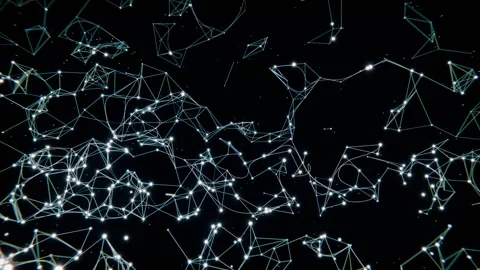 Emerging luminous network forming from activating point nodes across dark void, Stock Footage 337141196