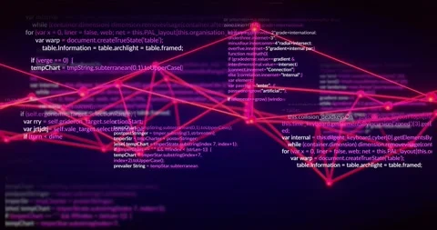 Emerging magenta mesh forming while code blocks scrolling and nodes pulsing Stock Footage 317466703