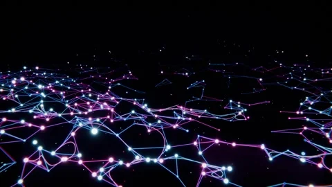 Emerging neon nodes and lines forming across digital void from black frame, Stock-Footage 337141191