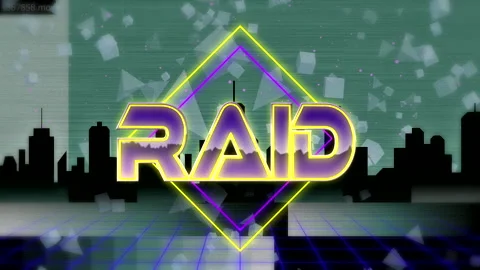 Emerging neon RAID logo filling and animating diamond on grid floor, with Stock Footage 311450590