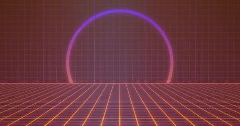 Emerging neon semicircular ring above wireframe grid floor in digital realm, 스톡 일러스트