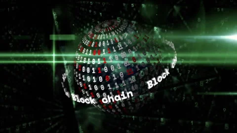 Emerging from network grid, rotating 3D sphere showcasing blockchain data with Stock Footage 311417058