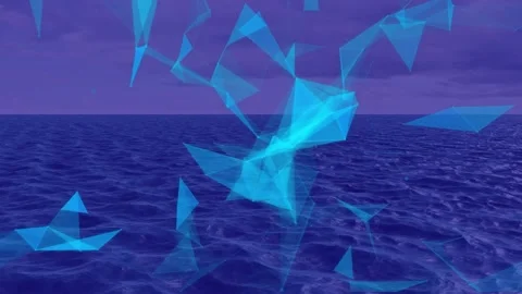 Emerging over ocean cyan facets forming net collapsing and drifting in 3D Stock Footage 317600364