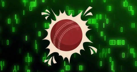 Emerging red cricket ball bursting through cream burst on tech backdrop, with Illustrazione stock