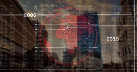 Emerging red globe rotating, updating city-year labels and scrolling code Stock Footage 329169828