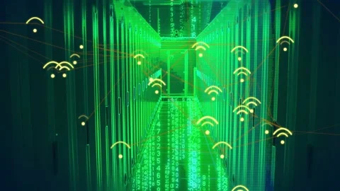 Emerging signal icons causing server racks aisle streaming numeric data down Stock Footage 332867167