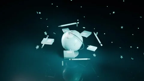 Emerging from teal glow, globe on stand rotating in studio, forming orbiting Stock Footage 339194109