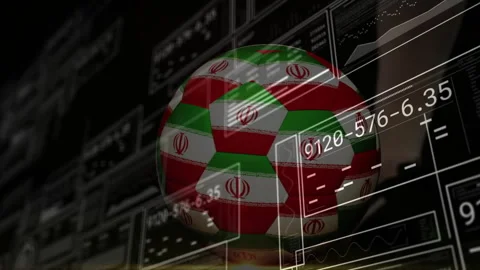 Emerging from void, Iran-flag soccer ball drifting while HUD panels sliding Stock Footage 312500235
