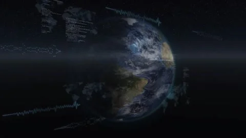 Emerging waveform plots and code initiating Planet Earth rotating for monitoring Stock Footage 317264920