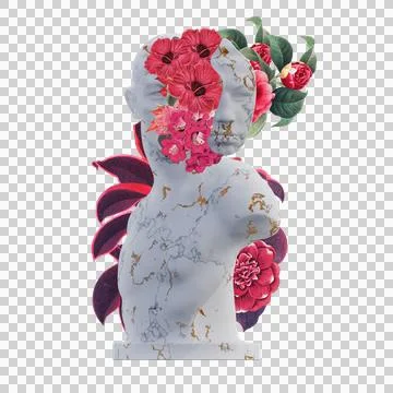 Emil Andreasen statues 3d renders, collage with flower petals compositions .. Stock Illustration