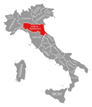 Emilia-Romagna red highlighted in map of Italy Stock Illustration