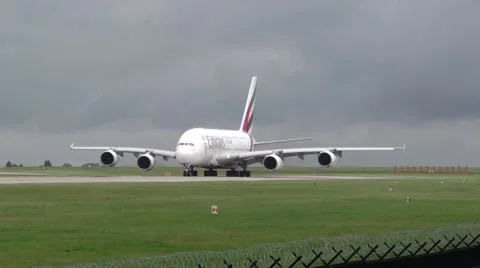 Emirates A380 takeoff Stock Footage 57540716