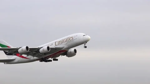Emirates Airbus A388 taking off Stock Footage 168320567