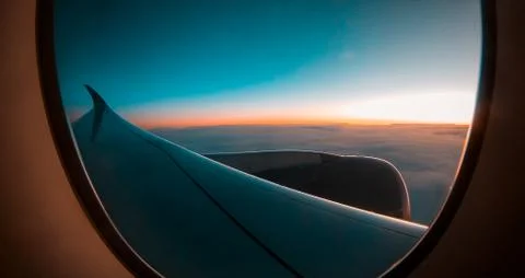 Emirates Airplane Window Seat Sunset View Stock Photos