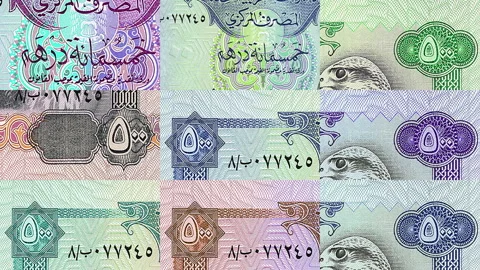 Emirates Dirham Dubai AED banknotes abstract color mosaic pattern Stock Footage 243019218