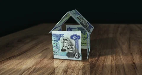 Emirates Dirham Dubai AED money banknotes paper house on the table Video stock 242838367