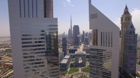 Emirates towers reverse flyby Stock Footage 105642120
