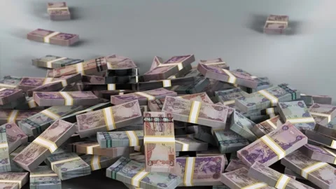 Emirati Banknotes / UAE Curerncy / dirham / AED / Money Bundles Falling Video stock 220918367